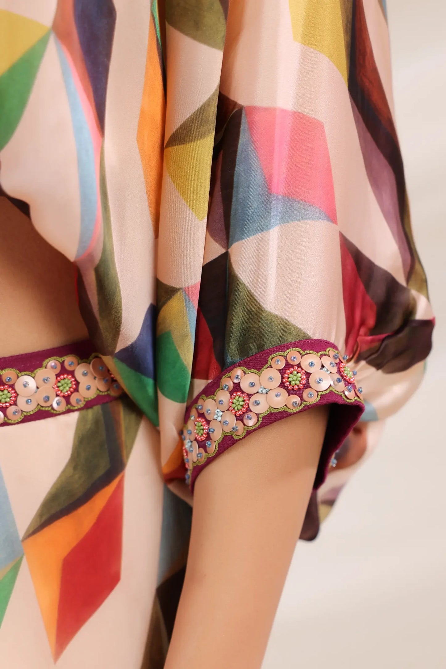 Abstract Print Divider Pant Set with Embellish Belt