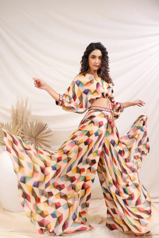 Abstract Print Divider Pant Set with Embellish Belt