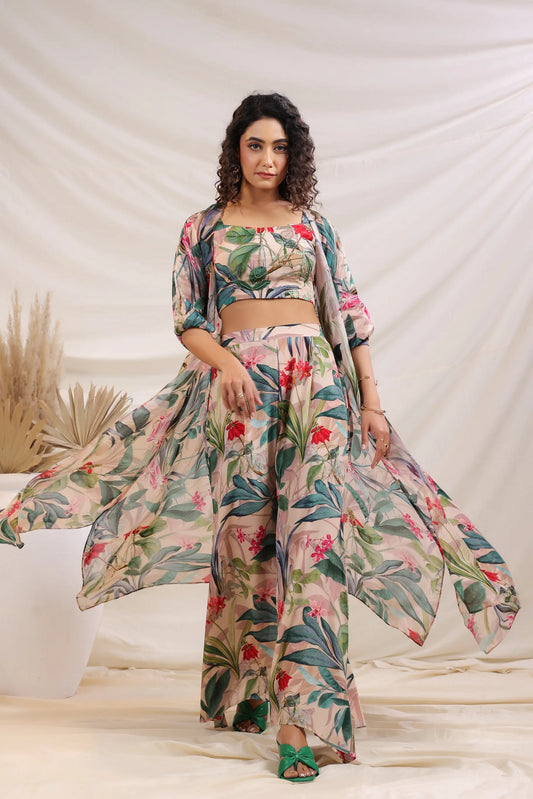 Tropical Printed Pant And Bustier with Same Print Jacket