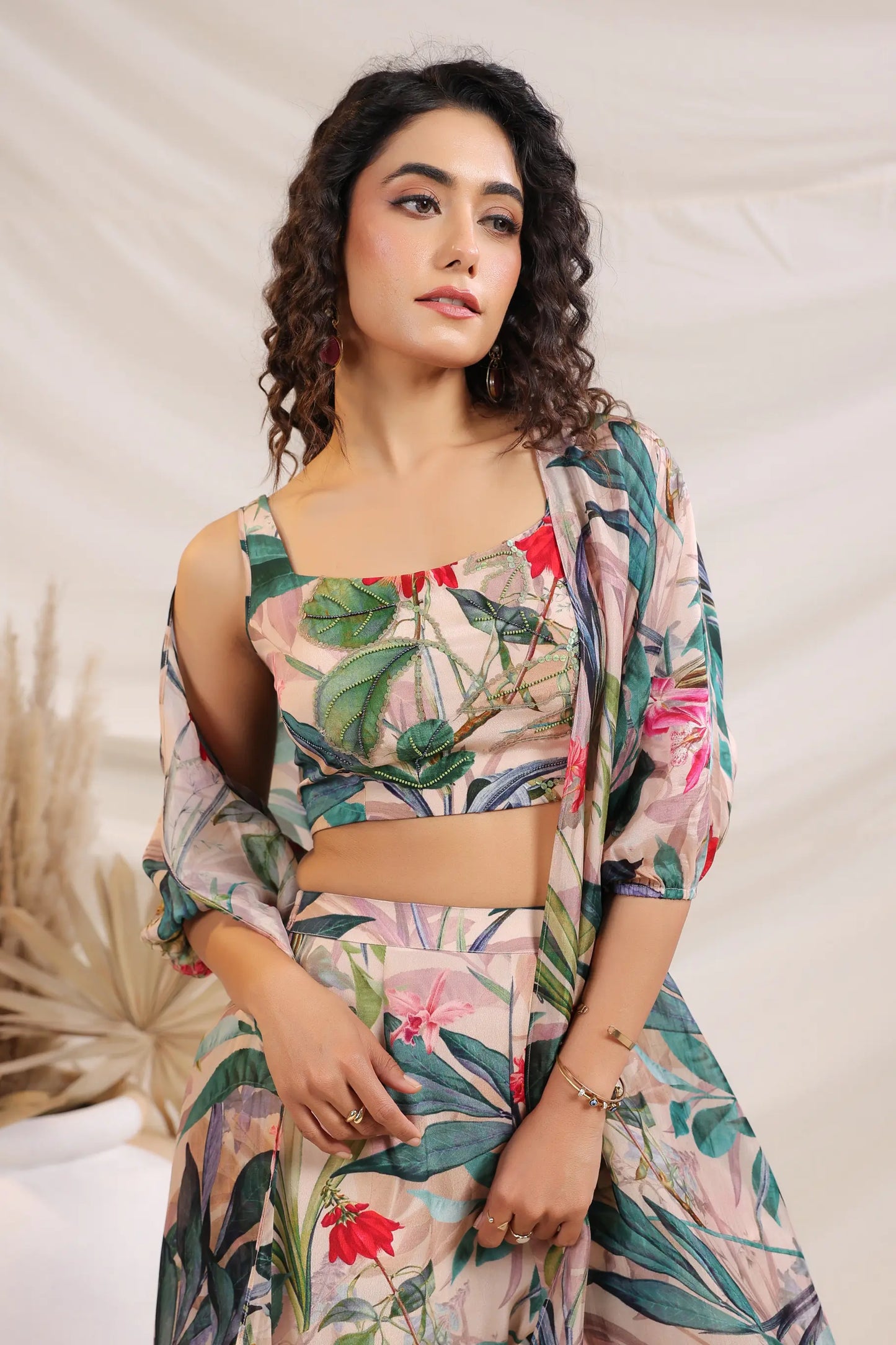 Tropical Printed Pant And Bustier with Same Print Jacket
