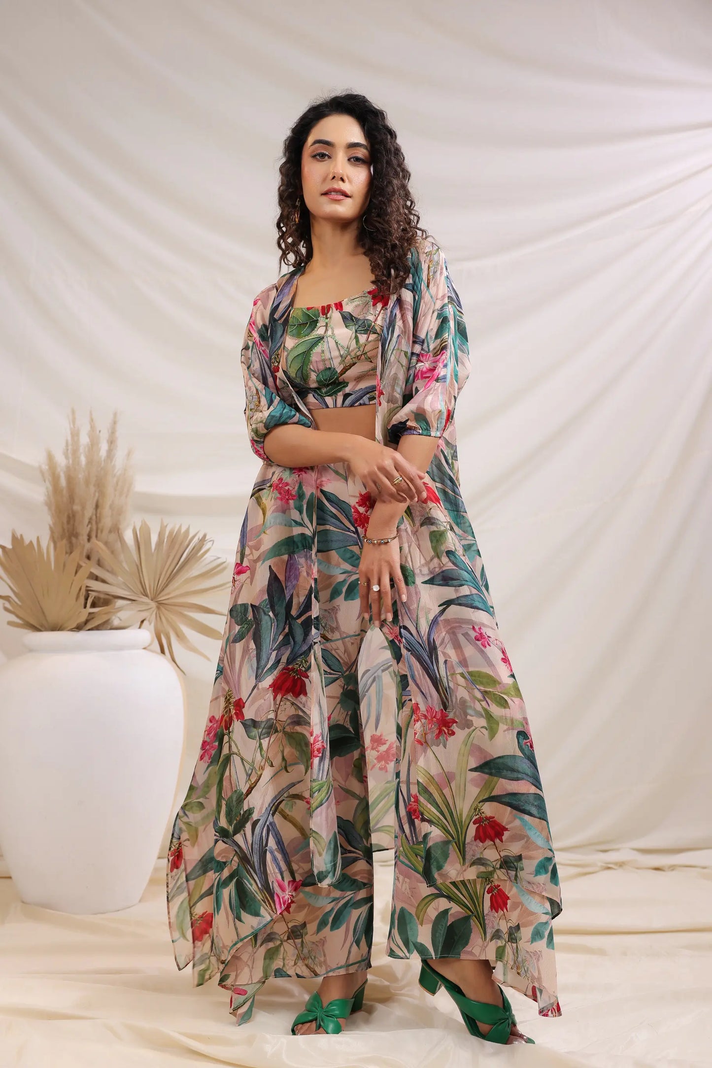 Tropical Printed Pant And Bustier with Same Print Jacket