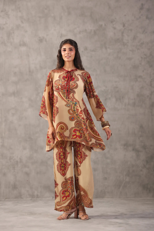 embellished aline top with straight pants. Paiseley Co-ords.