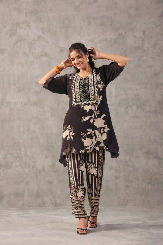 embellished aline top with straight pants. The monotone Co-ords.