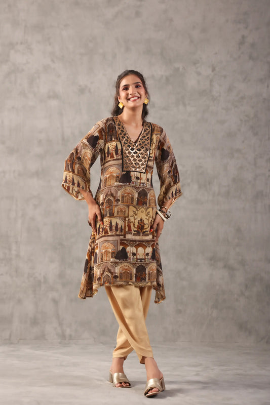 emboidered aline ethnic kurta with tulip pants