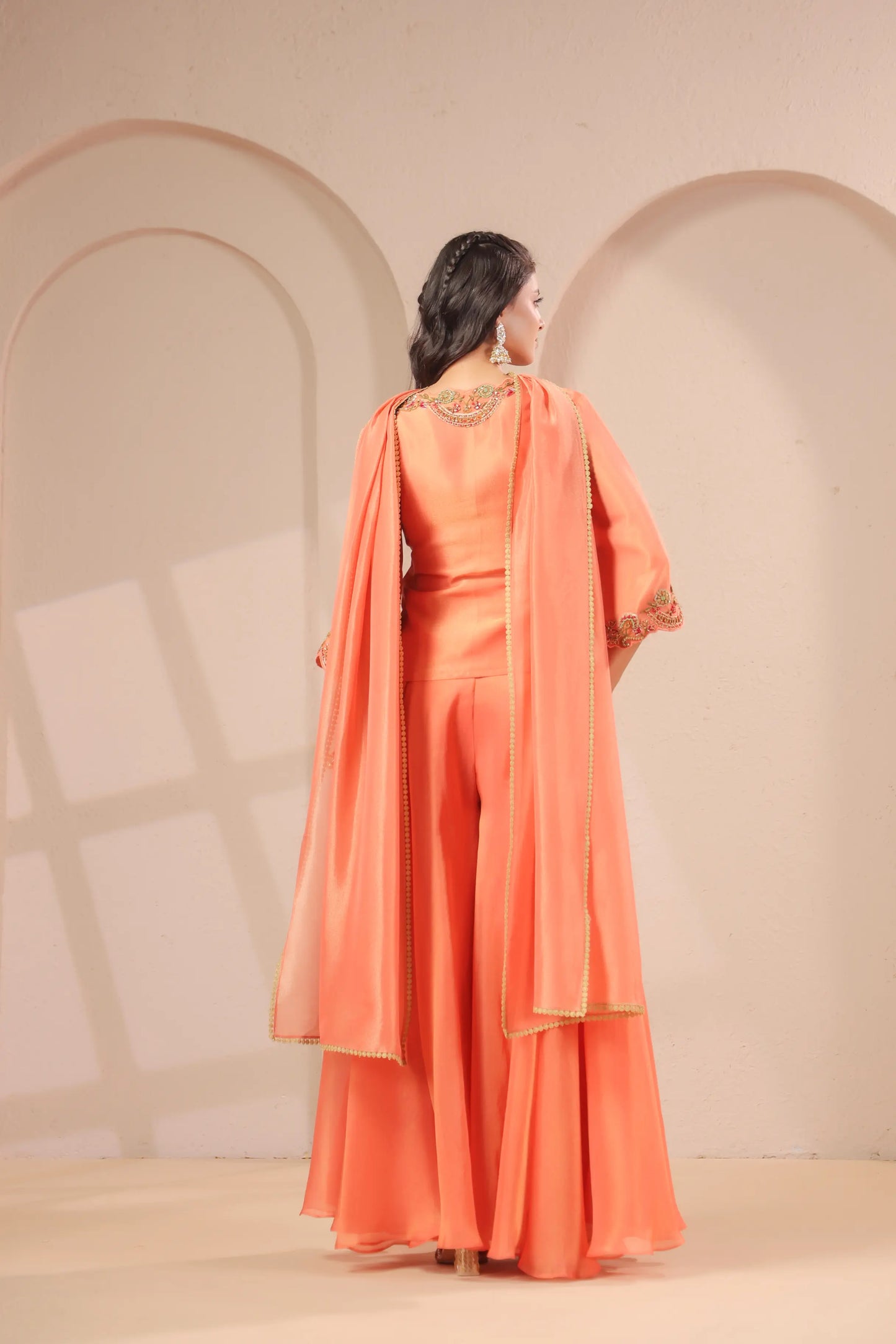 Scallop emboidered top with drape dupatta & skirt palazzo