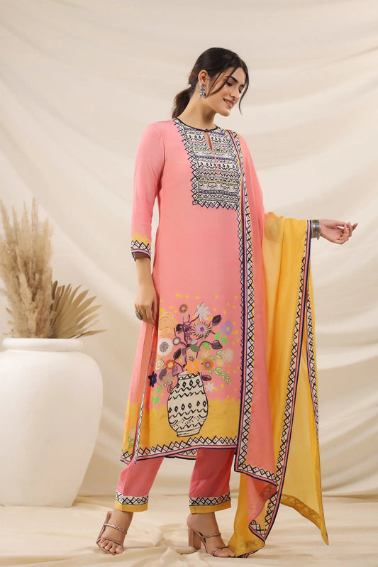 Abstract Print Straight Kurti with Pant and Printed Dupatta