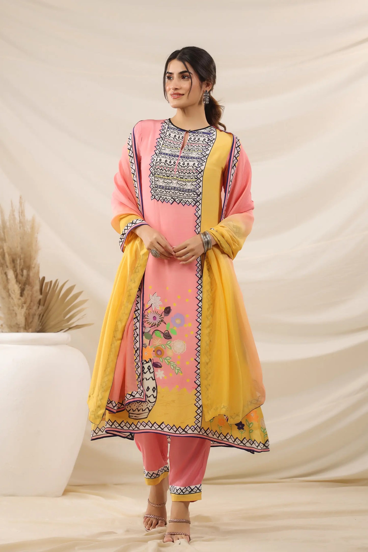 Abstract Print Straight Kurti with Pant and Printed Dupatta