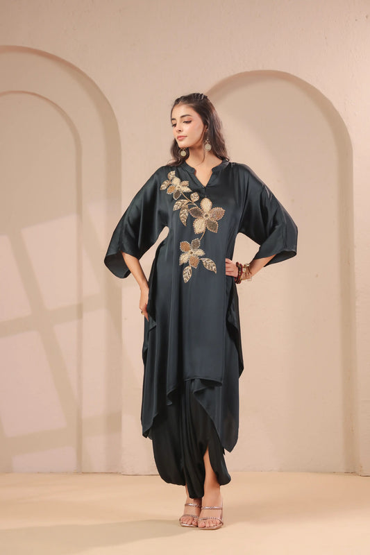 Hand emboidered hi-lo kurti with dhoti pants