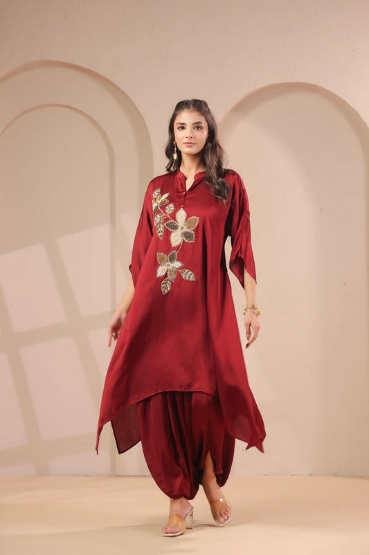 Hand emboidered hi-lo kurti with dhoti pants