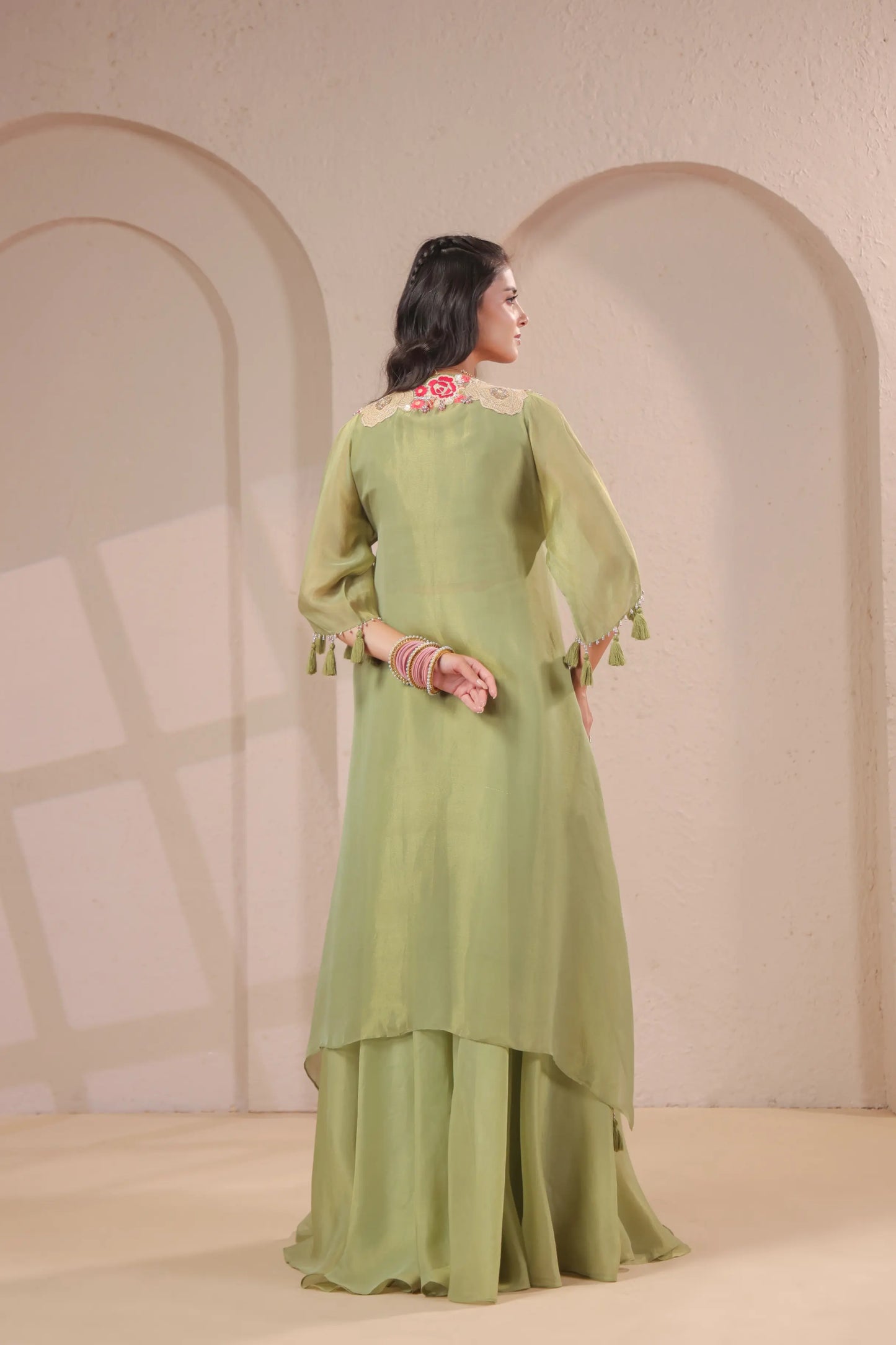 3 piece Hand emboidered kurta with bustier and skirt-palazzo
