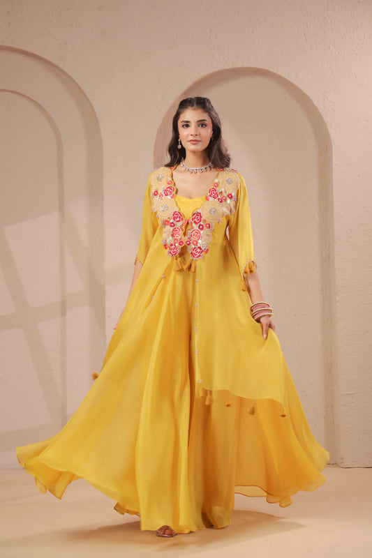3 piece Hand emboidered kurta with bustier and skirt-palazzo