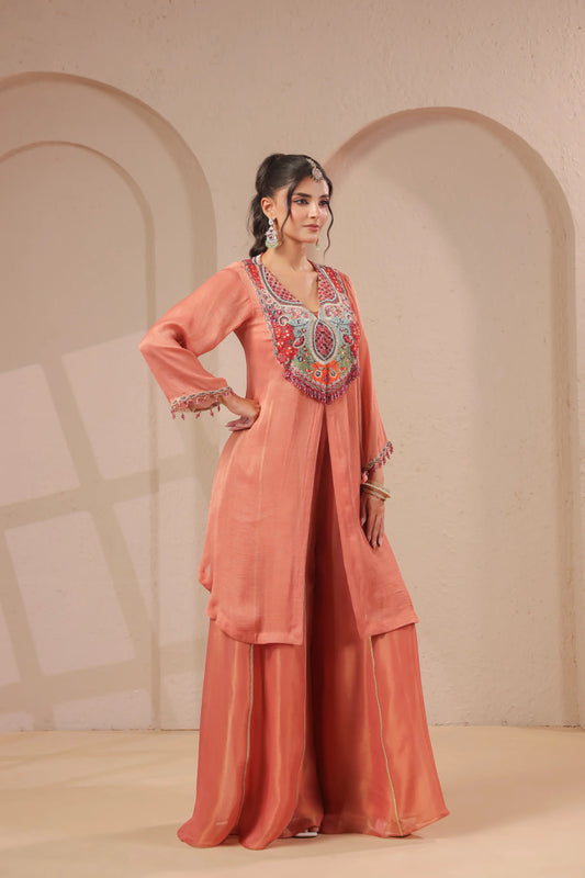 3 Piece hand emboidered kurta with skirt-palazzo set