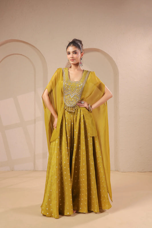 2 Piece hand emboidered bodice, flared top with banarasi skirt-palazzo