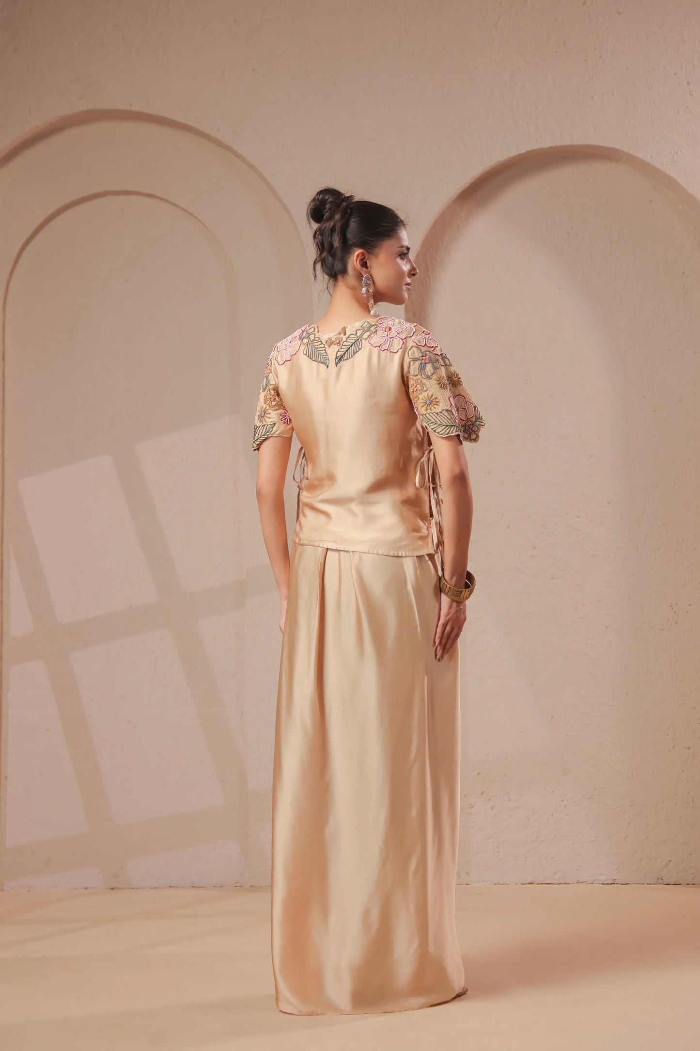 3 Piece Rose-gold bustier with drape skirt & hand emboidered jacket