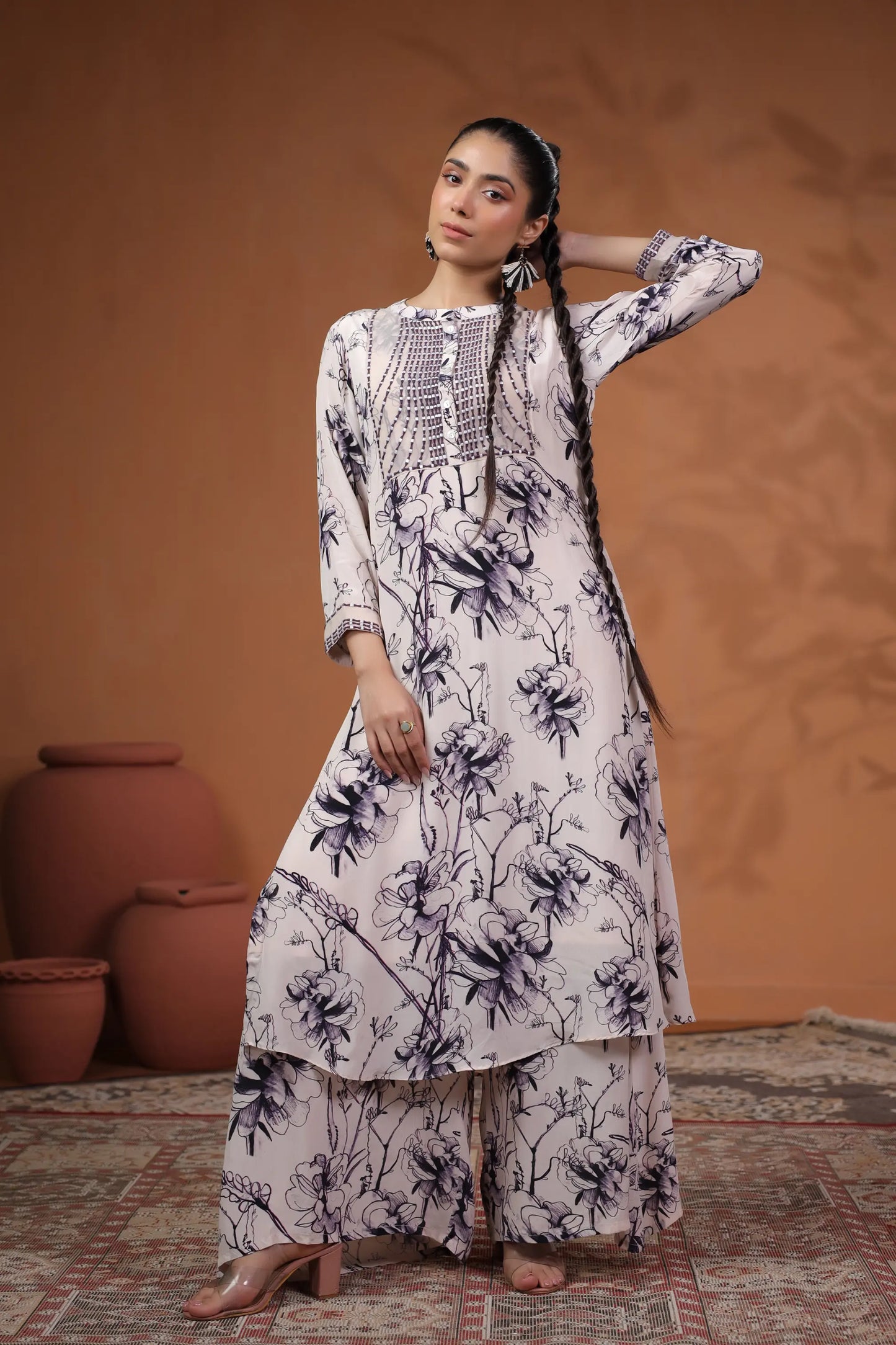 Abstarct Floral Printed long Kurta with Printed Pant