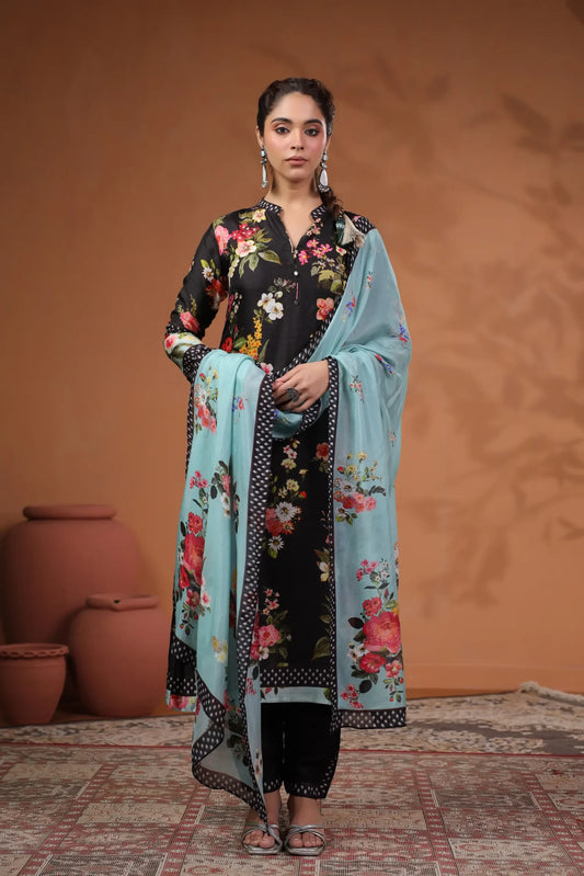 Floral Print Straight Kurti with Pant and Printed Dupatta