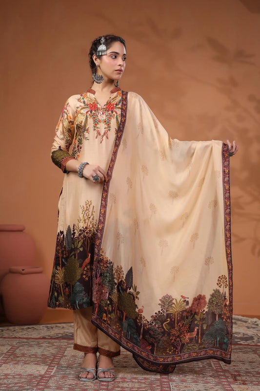 Oriental Print Straight Kurti with Pant and Printed Dupatta