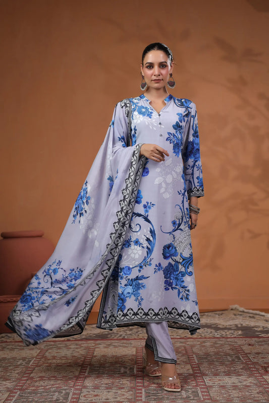 Floral Print Straight Kurti with Pant and Printed dupatta