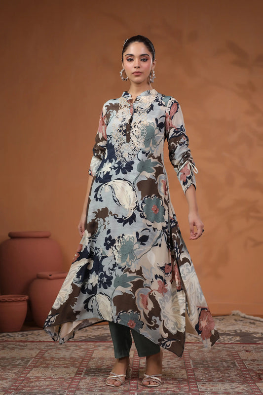 Printed Asymmetrical hemline Kurta with hand Emb. Detail