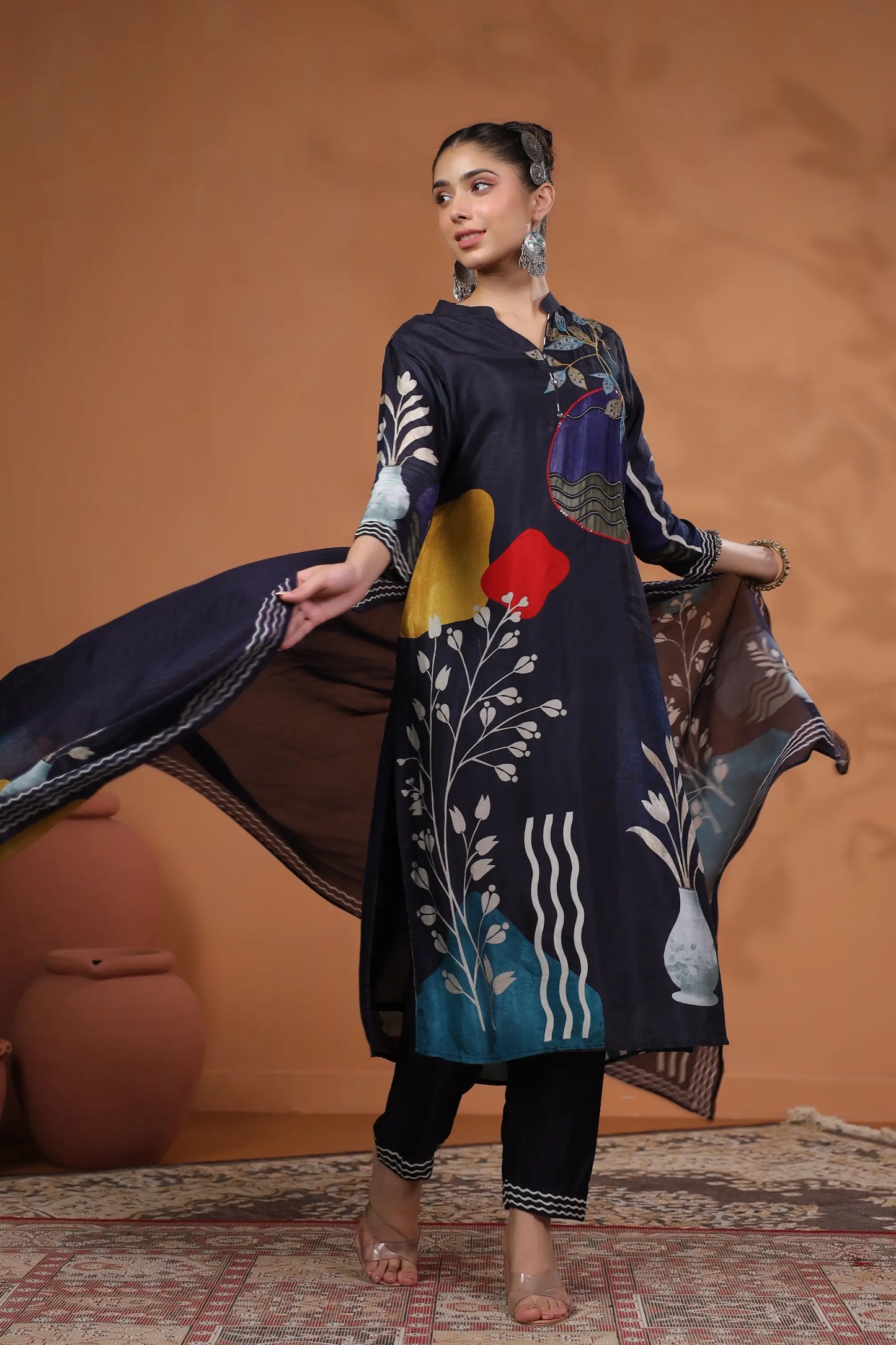 Traditional Print Straight Kurti with Pant and Printed Dupatta