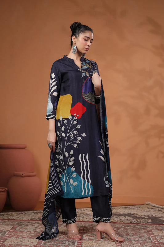 Traditional Print Straight Kurti with Pant and Printed Dupatta