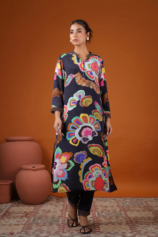 Abstract Floral Print Straight Kurti with Pant