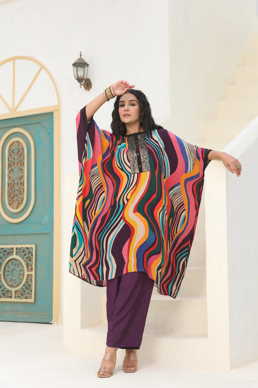 Abstract Print Kaftan With Sequins Embellish Neck