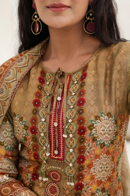 Traditional Print Straight Kurti with Pant and Printed Dupatta