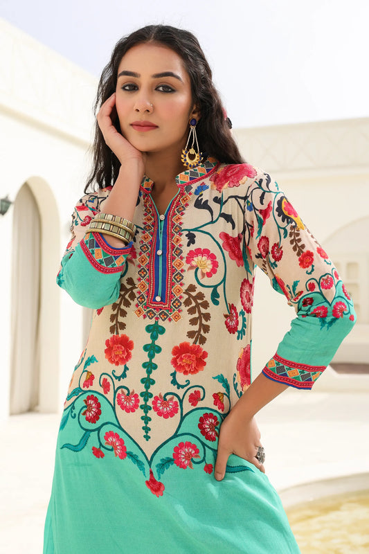 Traditional Print Straight Kurti with Pant