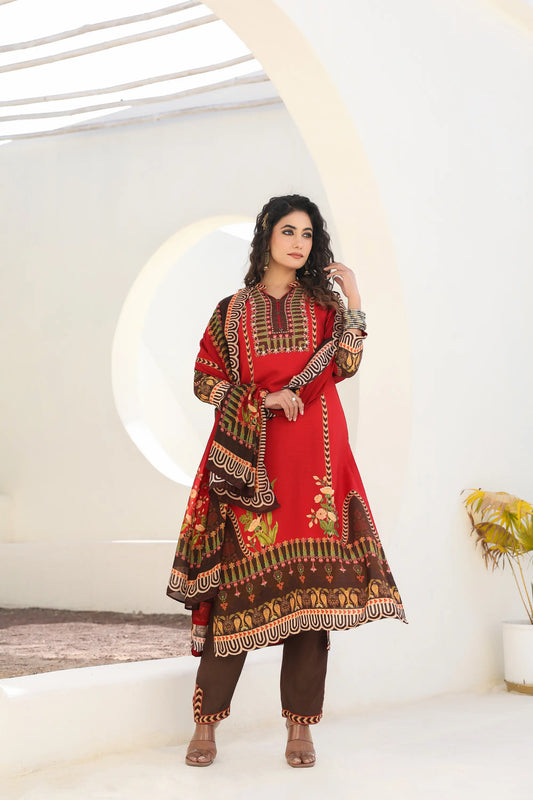 Traditional Print Straight Kurti with Pant and Printed Dupatta