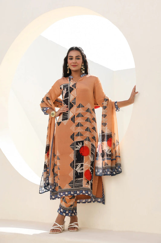 Abstract Print Straight Kurti with Pant and Printed Dupatta