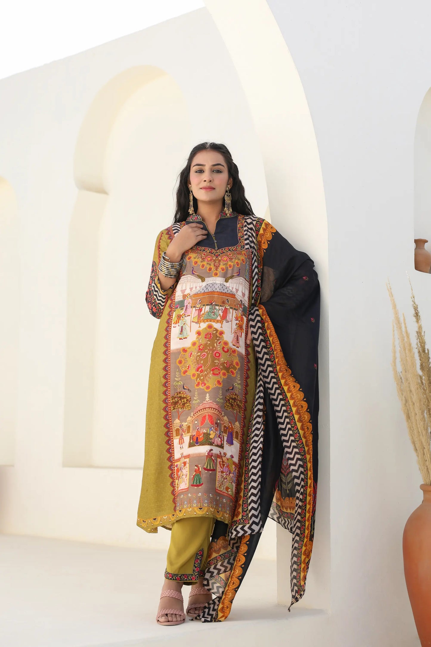 Traditional Print Straight Kurti with Pant and Printed Dupatta