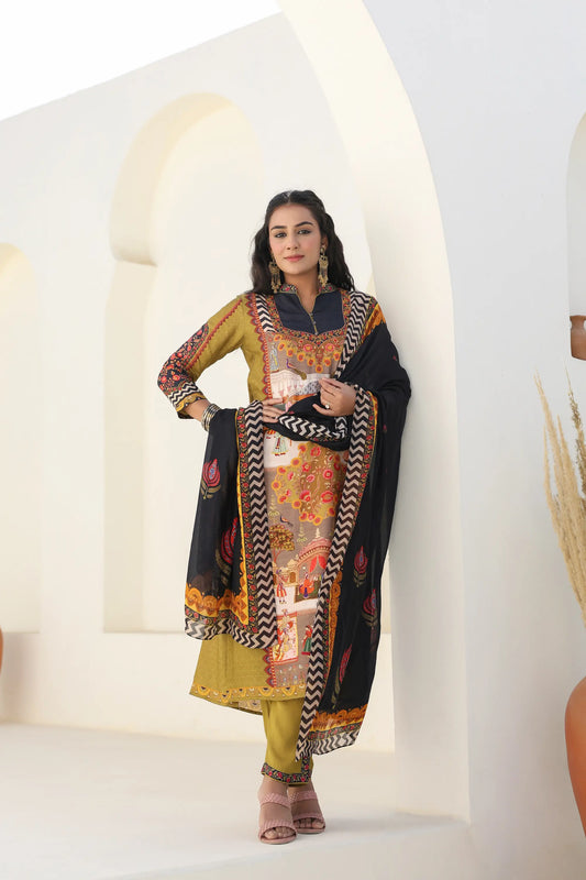 Traditional Print Straight Kurti with Pant and Printed Dupatta