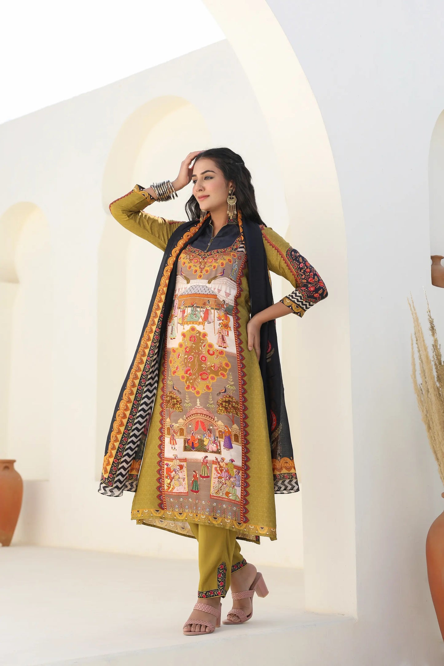 Traditional Print Straight Kurti with Pant and Printed Dupatta