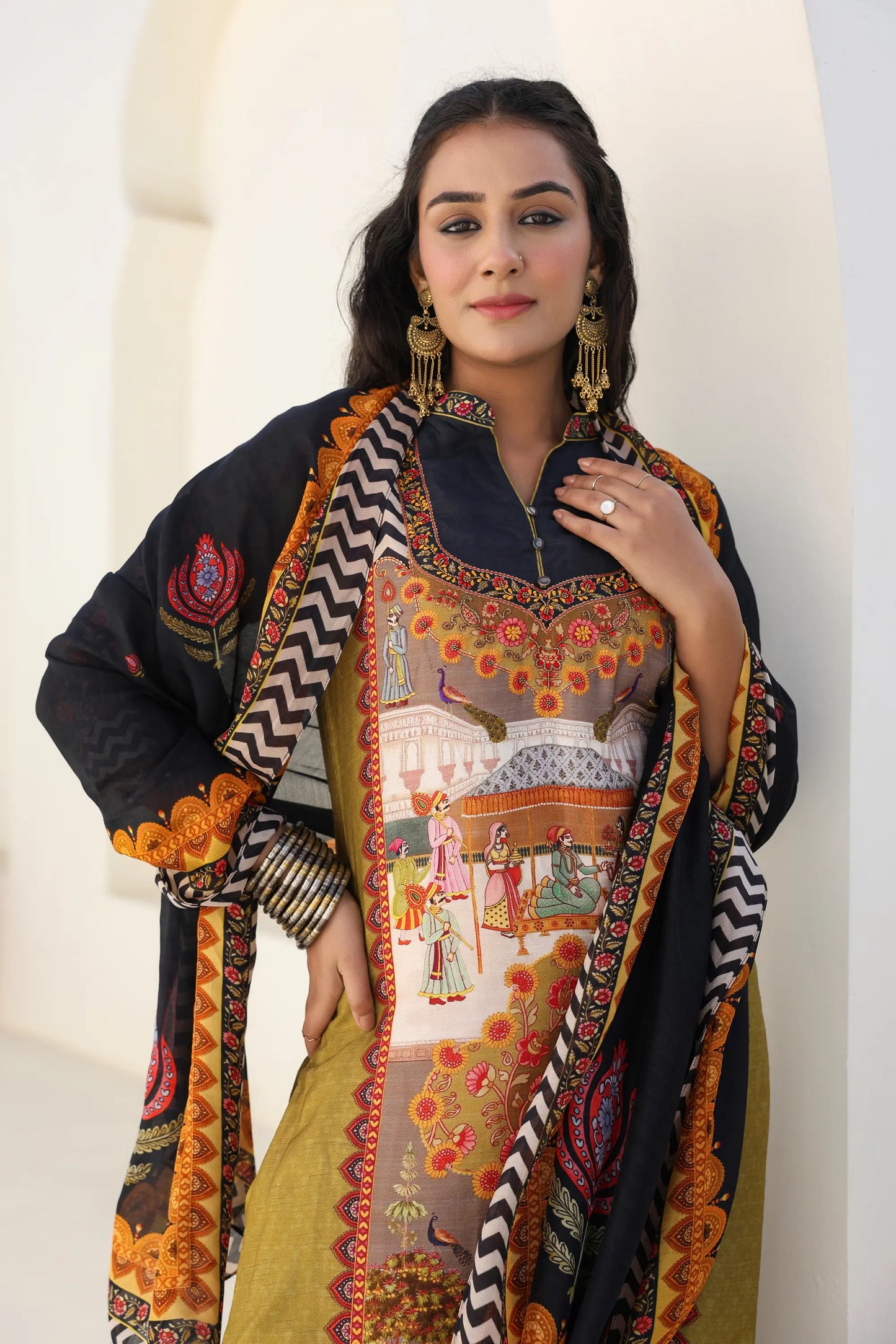 Traditional Print Straight Kurti with Pant and Printed Dupatta