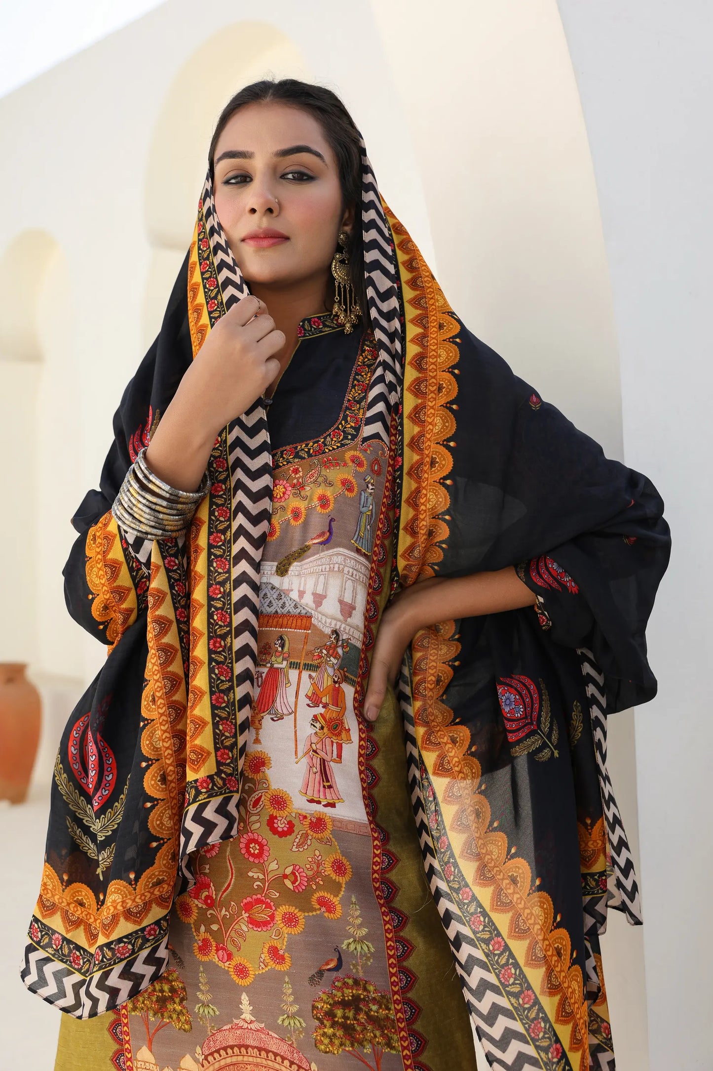 Traditional Print Straight Kurti with Pant and Printed Dupatta