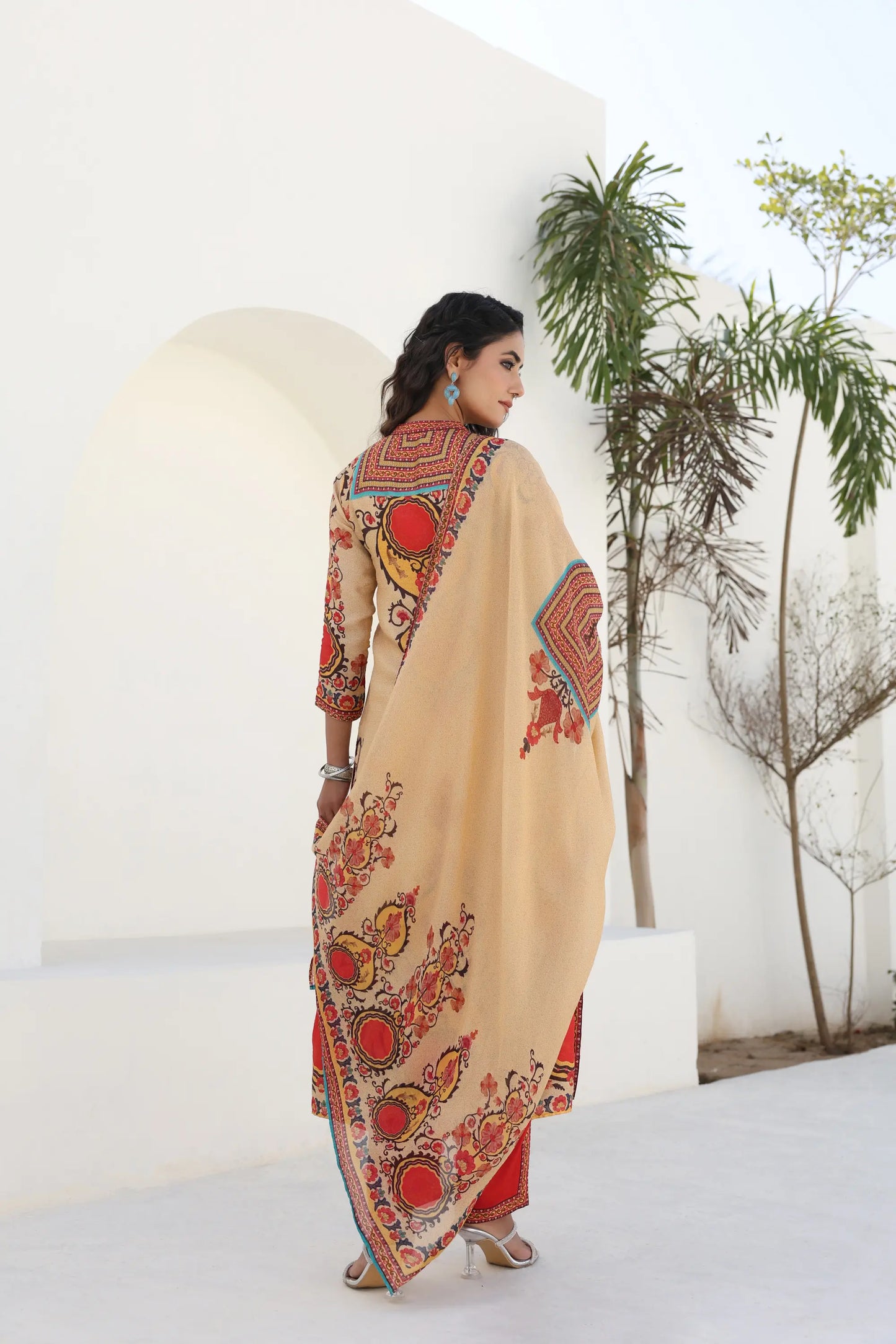 Traditional Print Straight Kurti with Pant and Printed Dupatta