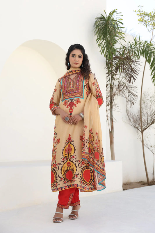 Traditional Print Straight Kurti with Pant and Printed Dupatta