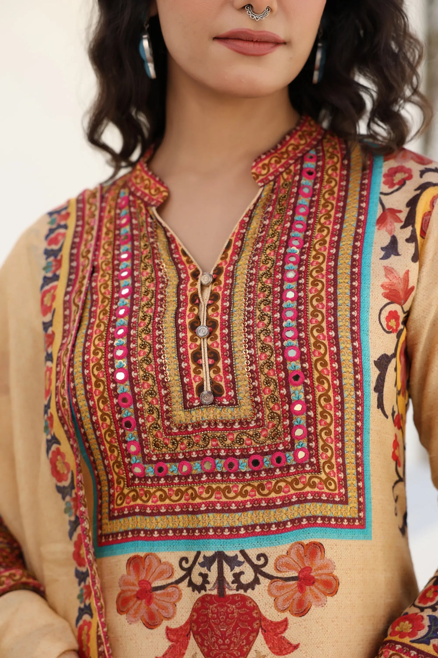 Traditional Print Straight Kurti with Pant and Printed Dupatta