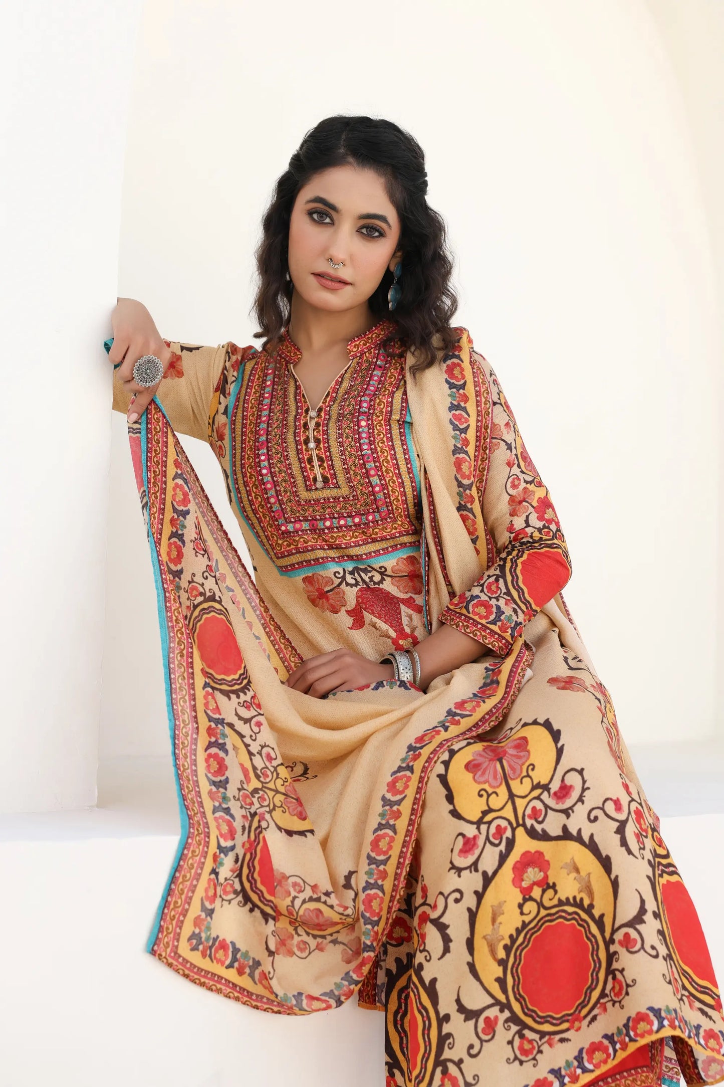 Traditional Print Straight Kurti with Pant and Printed Dupatta