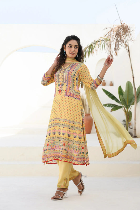 Traditional Print Straight Kurti with Pant and Printed Dupatta