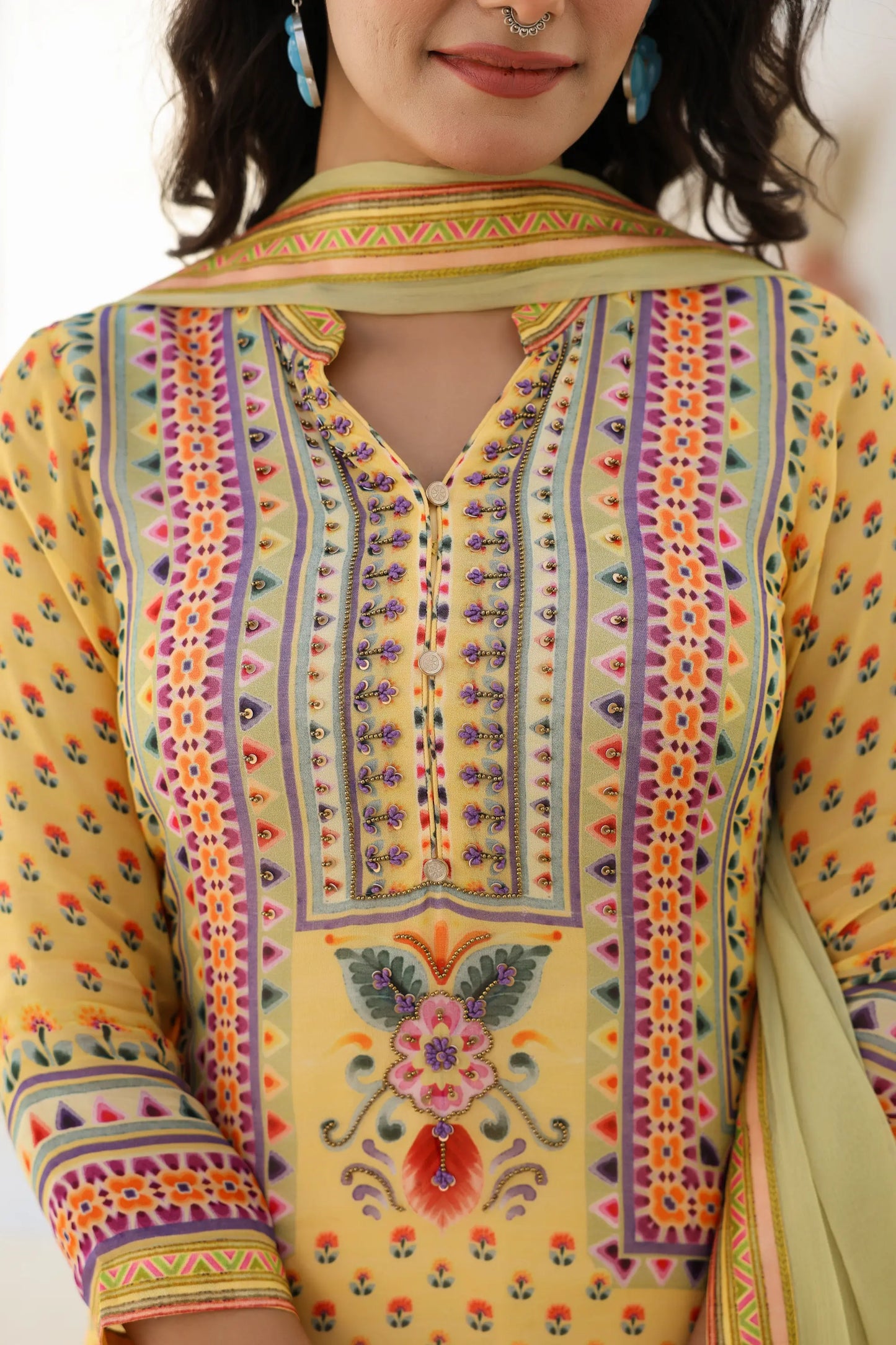 Traditional Print Straight Kurti with Pant and Printed Dupatta