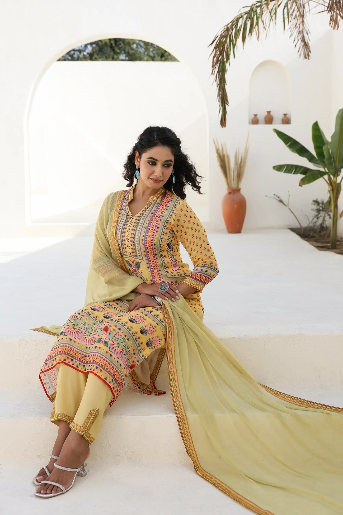 Traditional Print Straight Kurti with Pant and Printed Dupatta