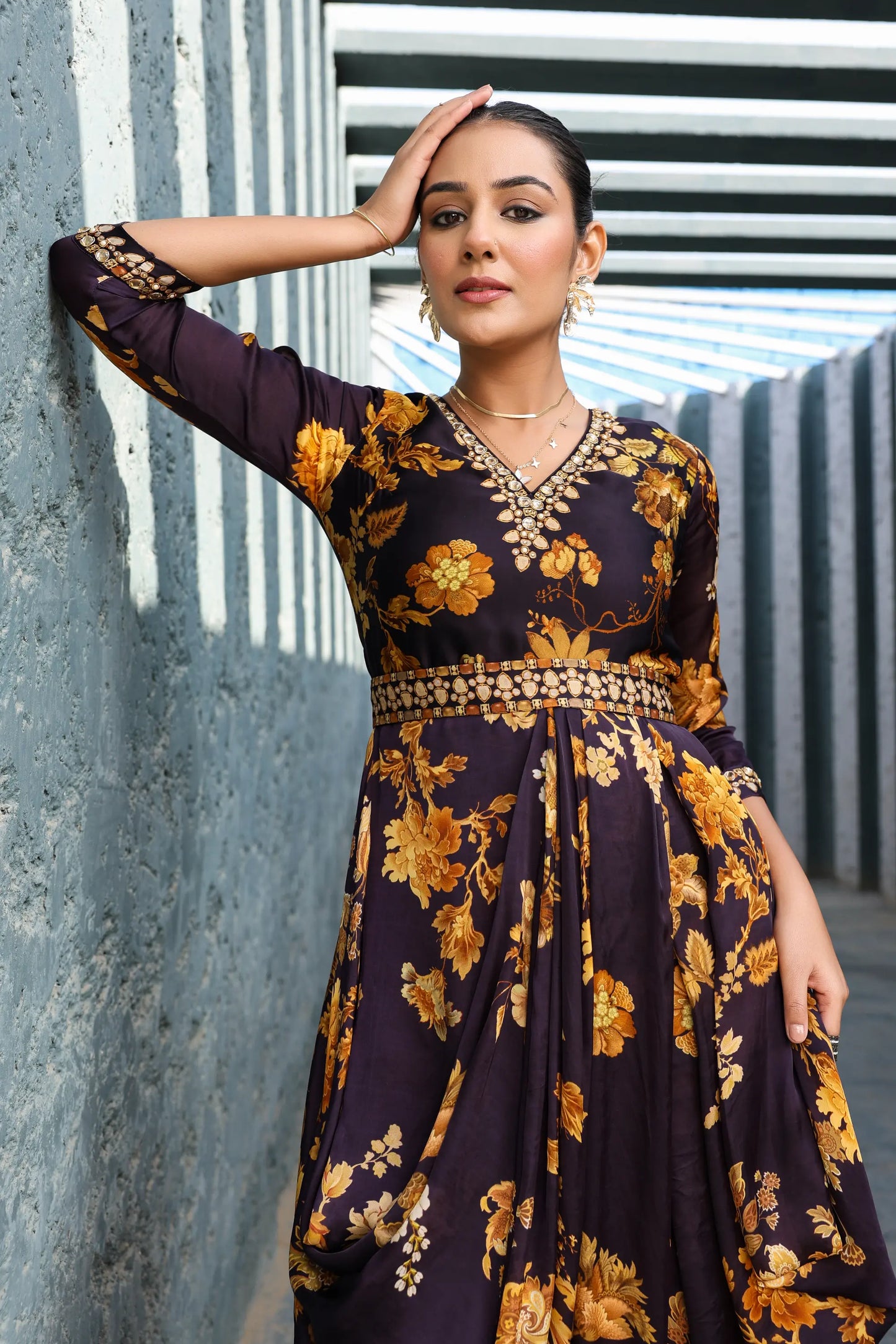 Black Drape Set with Neck Embellish