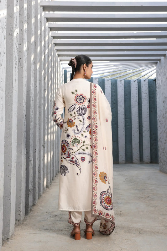 Applique Print Straight Kurti with Pant and Printed Dupatta