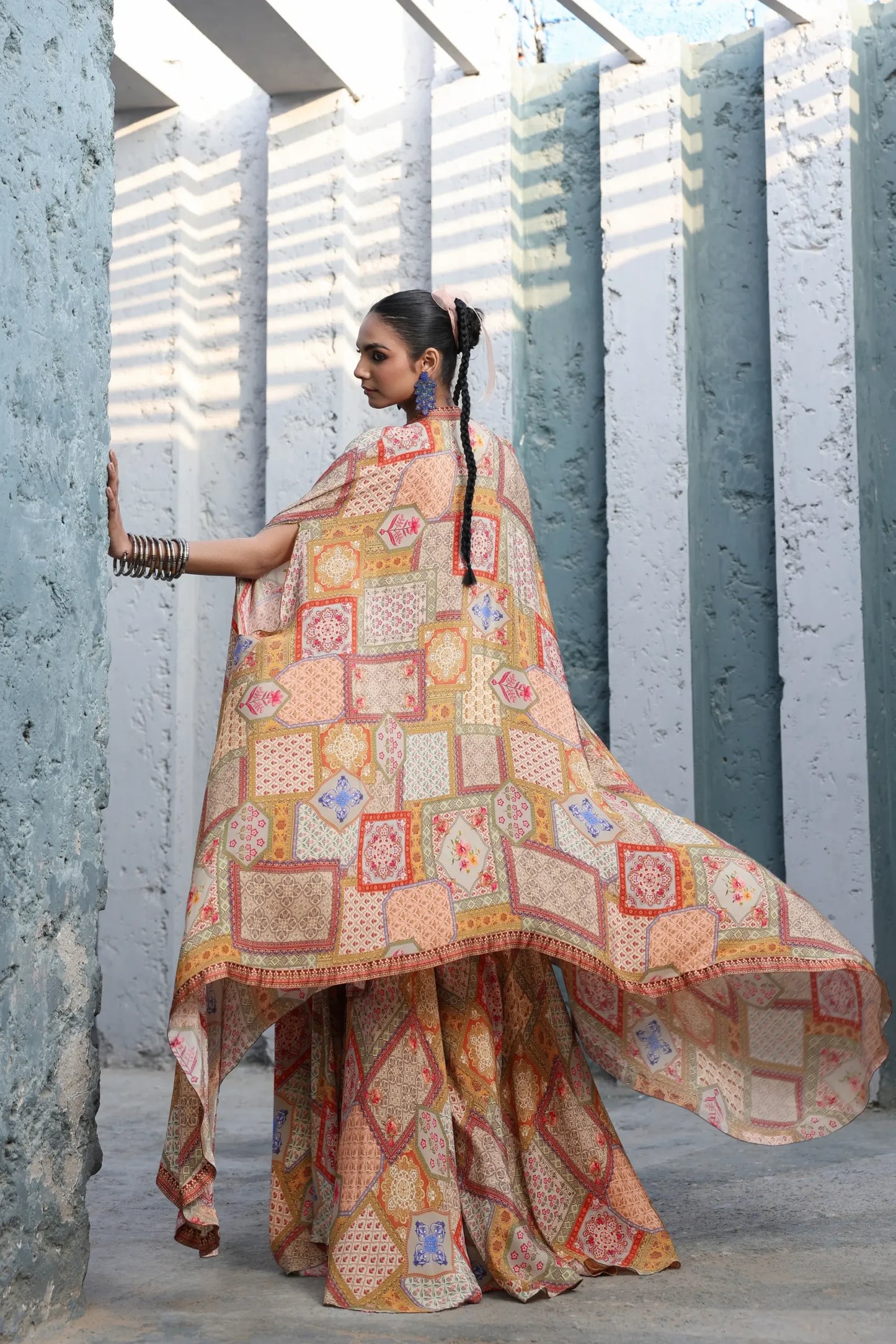 Traditional Abstract Print Flare Divider Pant with Embroidered Blouse And Printed Jacket