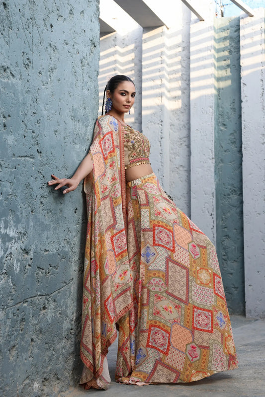 Traditional Abstract Print Flare Divider Pant with Embroidered Blouse And Printed Jacket