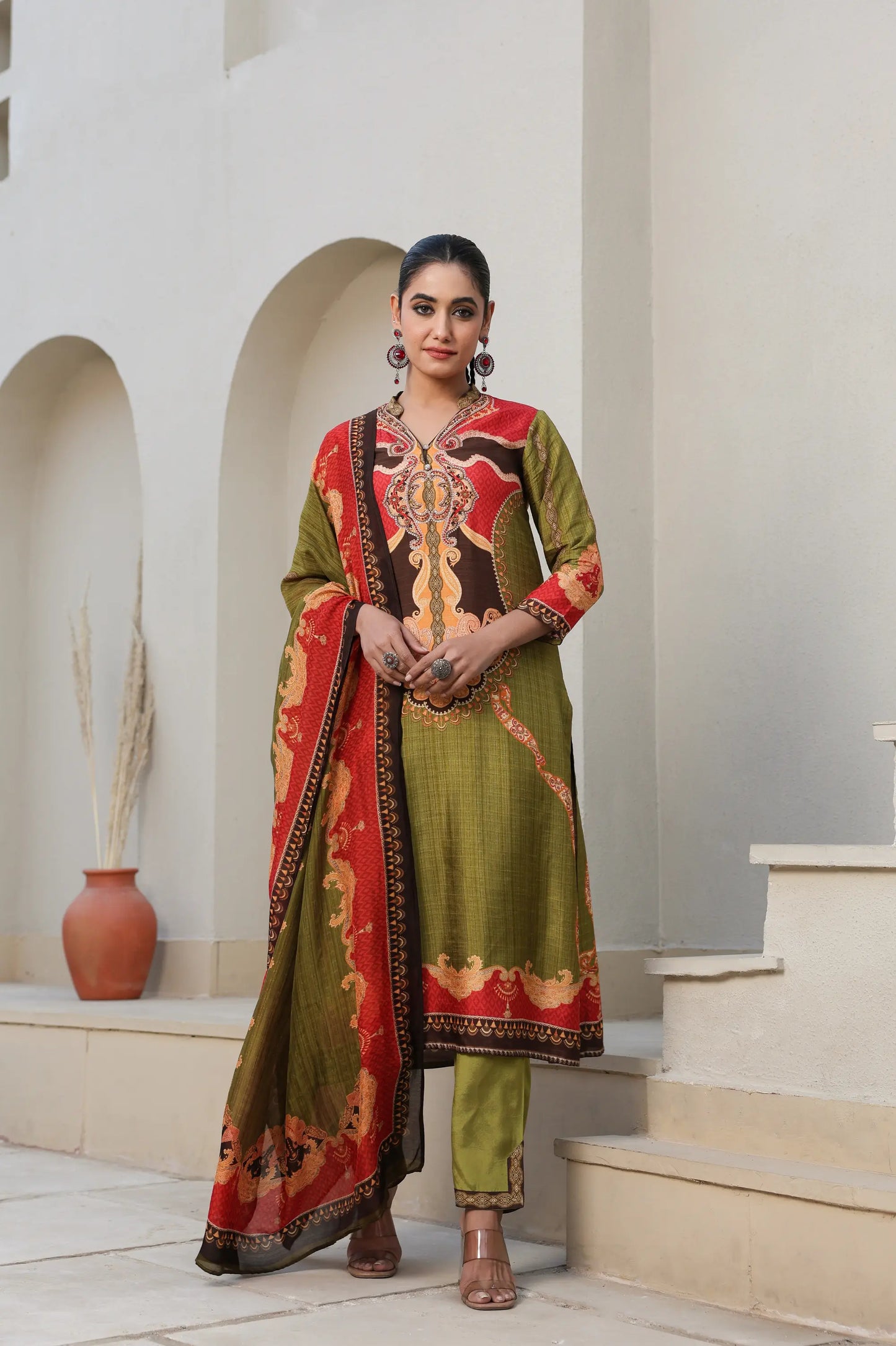 Traditional Print Straight Kurti with Pant and Printed Dupatta