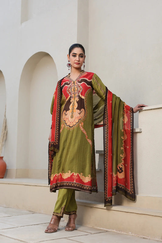 Traditional Print Straight Kurti with Pant and Printed Dupatta