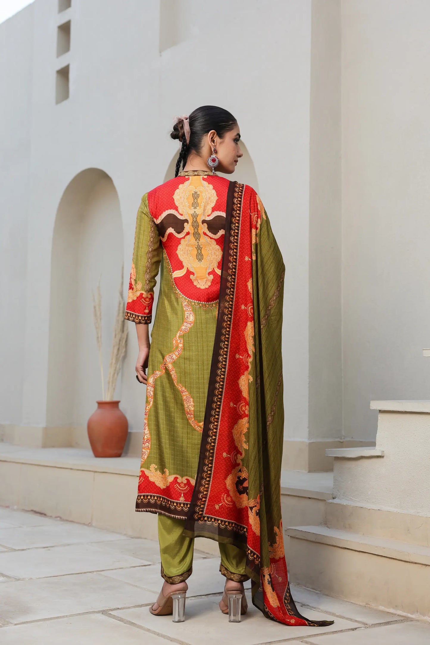 Traditional Print Straight Kurti with Pant and Printed Dupatta